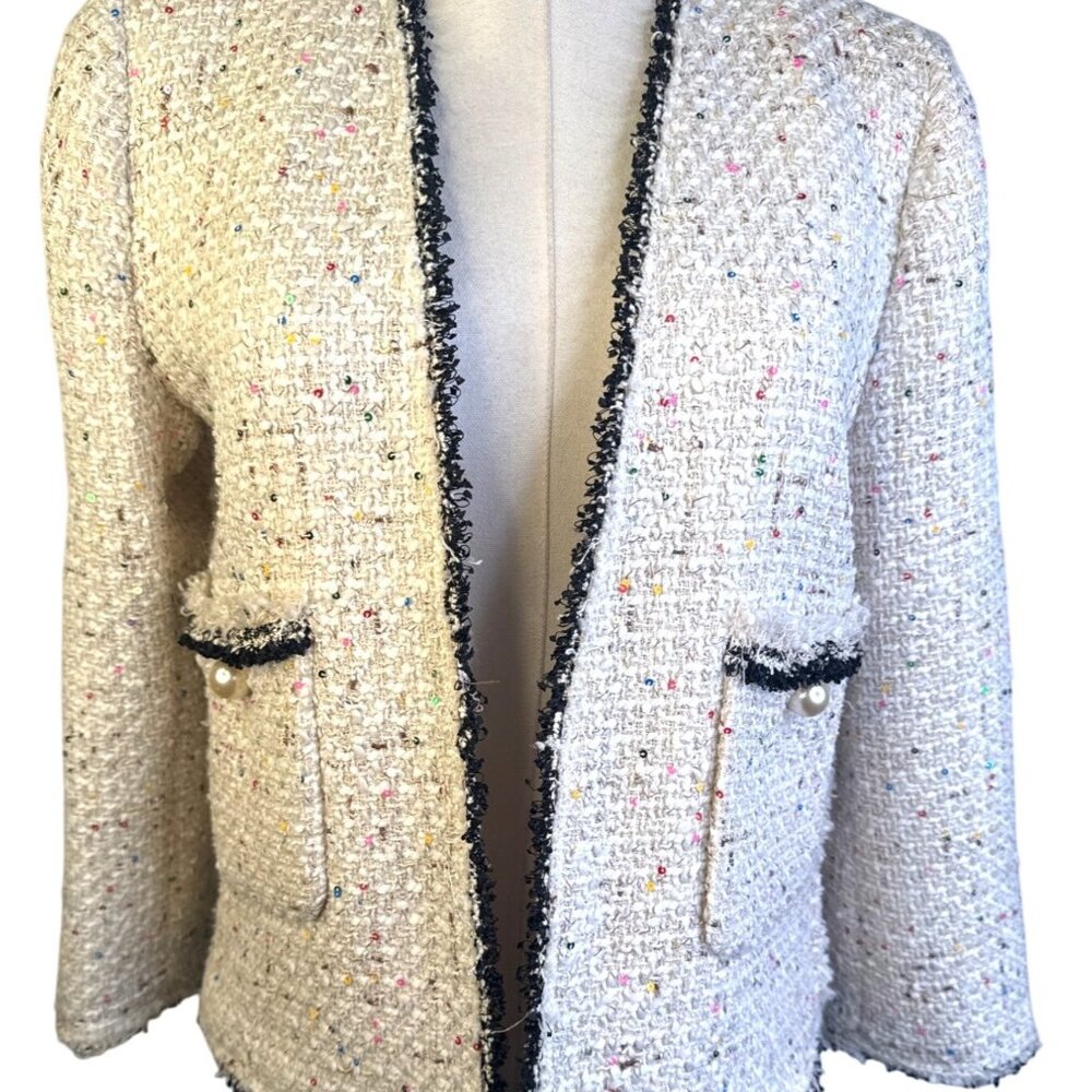 ZARA Multicolor Medium Speckled Tweed Open-Front Jacket Fringe Trim & Pockets